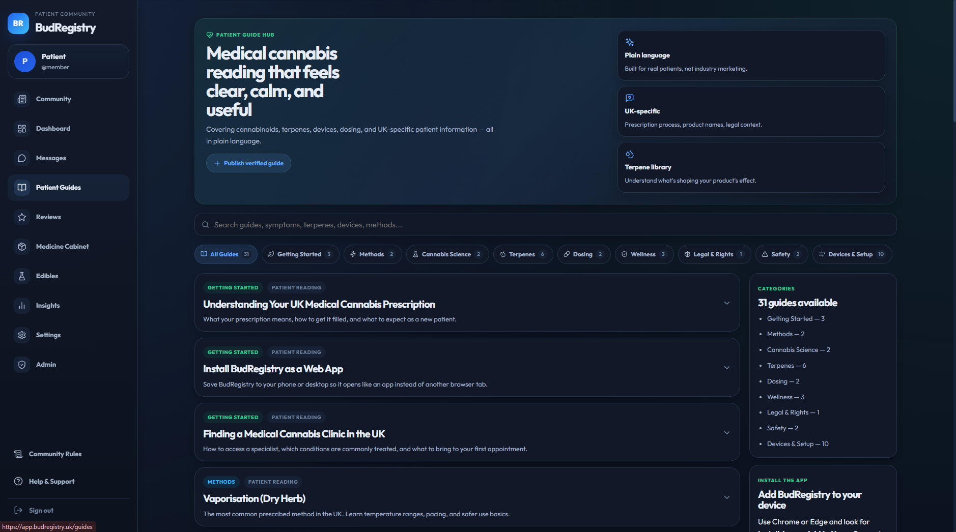 Patient guides screen with formatted educational content