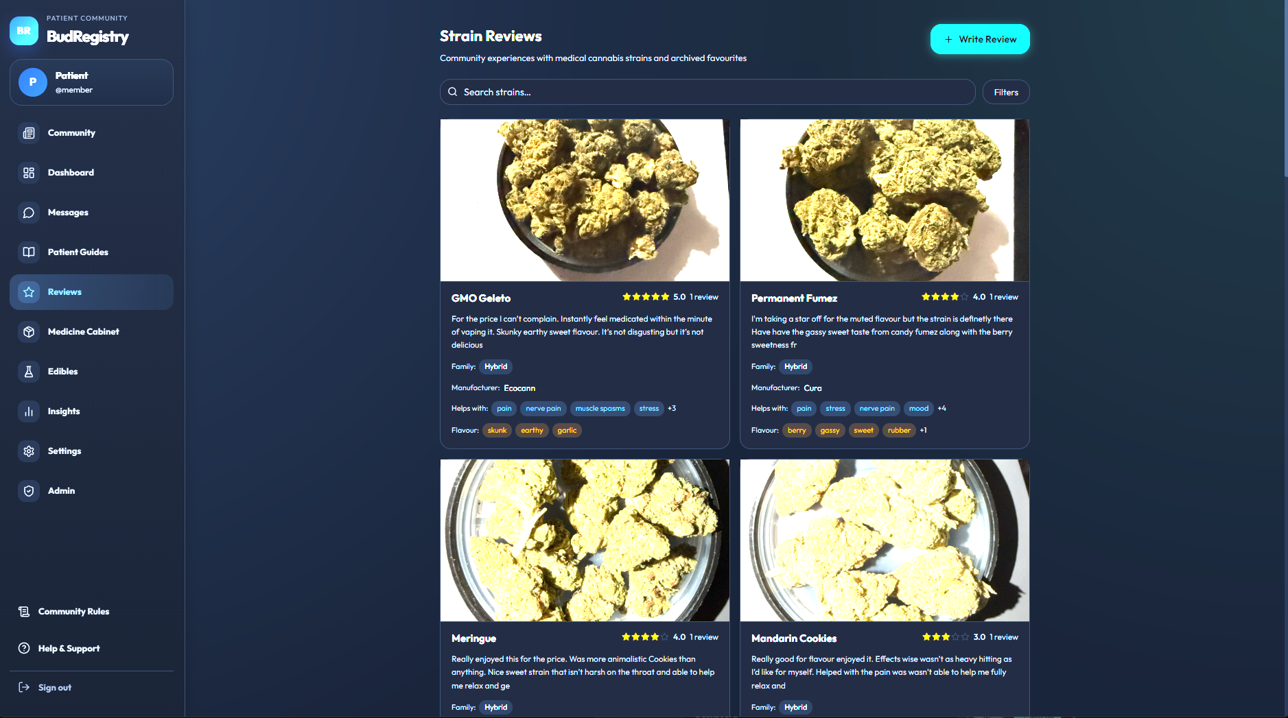 Reviews screen showing strain feedback and rating details